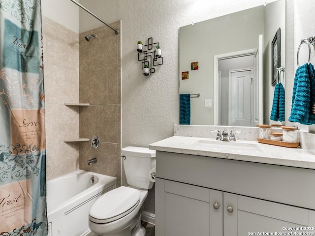 5344 Jasmine, Bulverde, TX 78163 - bathroom with a textured wall, shower / tub combo with curtain, vanity, and toilet