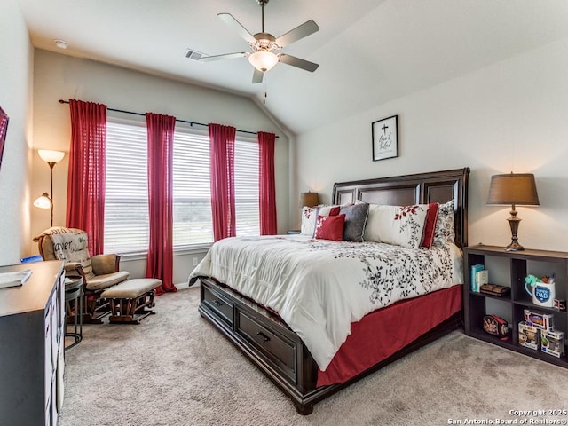5344 Jasmine, Bulverde, TX 78163 - bedroom with light carpet, vaulted ceiling, and ceiling fan