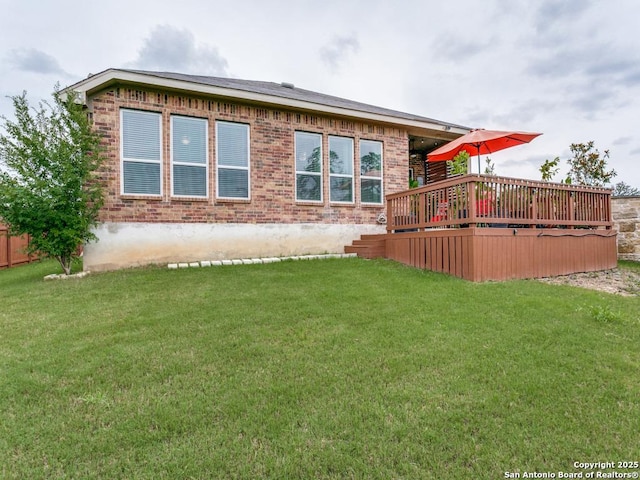 5344 Jasmine, Bulverde, TX 78163 - back of property with a lawn, brick siding, and a wooden deck