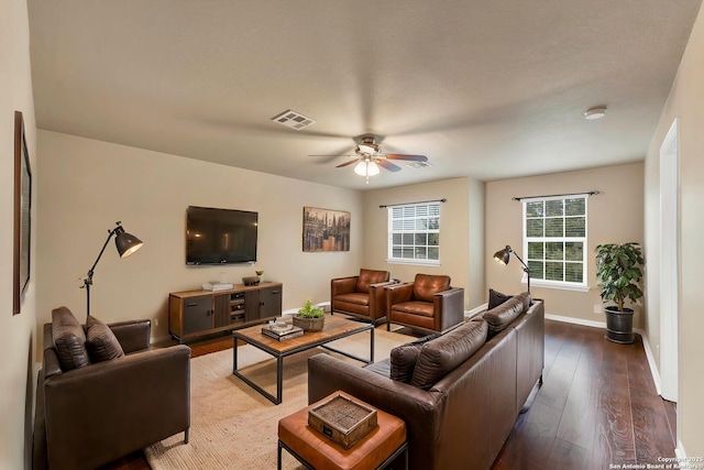 267 Oak Crk, New Braunfels, TX 78130 - living room with a ceiling fan, hardwood / wood-style flooring, and baseboards