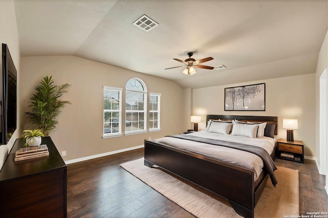 267 Oak Crk, New Braunfels, TX 78130 - bedroom with lofted ceiling, dark wood-style floors, baseboards, and a ceiling fan