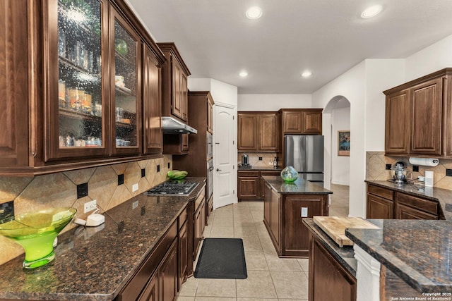 25702 Willard Path, San Antonio, TX 78261 - kitchen featuring stainless steel appliances, arched walkways, tasteful backsplash, under cabinet range hood, and dark stone countertops