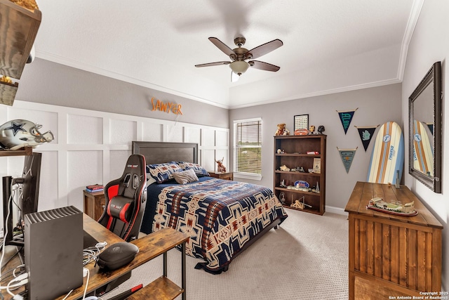 25702 Willard Path, San Antonio, TX 78261 - carpeted bedroom featuring ornamental molding and ceiling fan