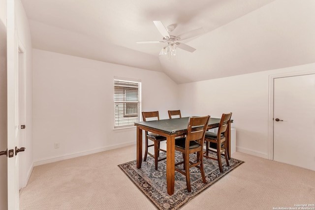 25702 Willard Path, San Antonio, TX 78261 - dining room featuring light colored carpet, lofted ceiling, ceiling fan, and baseboards