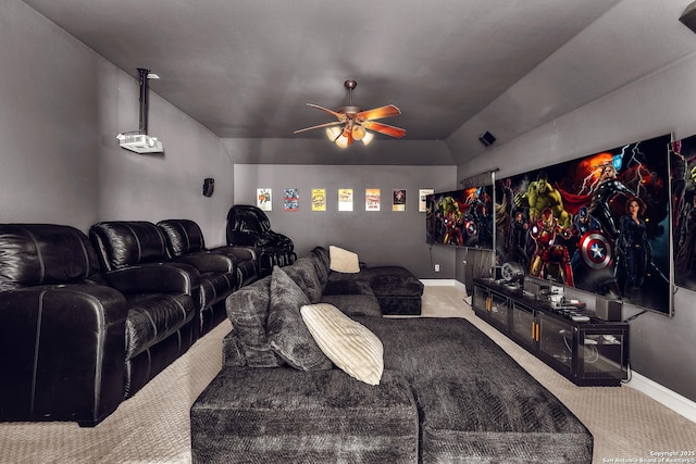 25702 Willard Path, San Antonio, TX 78261 - carpeted home theater with a ceiling fan, vaulted ceiling, and baseboards