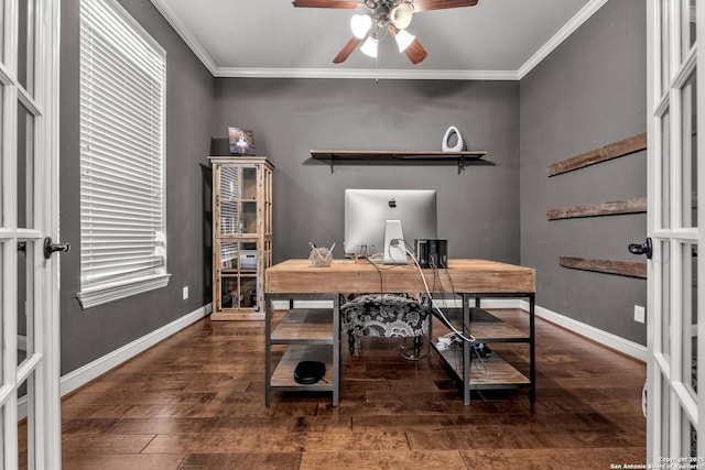 25702 Willard Path, San Antonio, TX 78261 - office with a ceiling fan, wood finished floors, ornamental molding, and baseboards