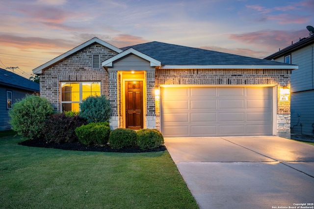 891 Noel, New Braunfels, TX 78130 - ranch-style house featuring stone siding, driveway, an attached garage, a yard, and brick siding