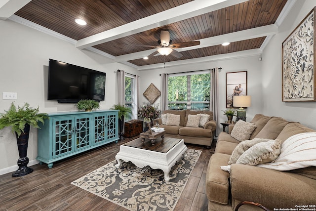 891 Noel, New Braunfels, TX 78130 - living area with wooden ceiling with exposed beams, dark wood finished floors, ceiling fan, baseboards, and ornamental molding