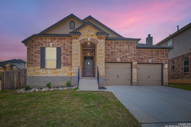 29903 Chaumet, Bulverde, TX 78163 - french country home featuring concrete driveway, brick siding, stone siding, and a chimney