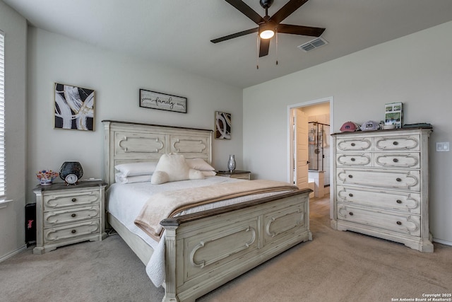 2103 Dalhart, San Antonio, TX 78253 - bedroom featuring light colored carpet, ceiling fan, baseboards, and connected bathroom