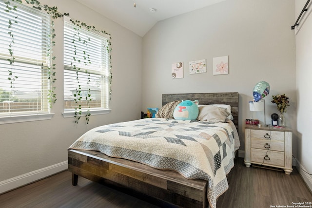 6239 Carriage Cpe, San Antonio, TX 78261 - bedroom featuring wood finished floors, multiple windows, vaulted ceiling, and baseboards