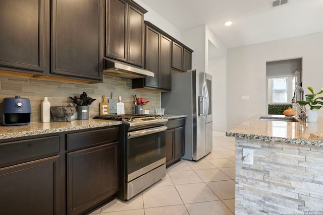 6239 Carriage Cpe, San Antonio, TX 78261 - kitchen with appliances with stainless steel finishes, under cabinet range hood, a sink, dark brown cabinets, and decorative backsplash