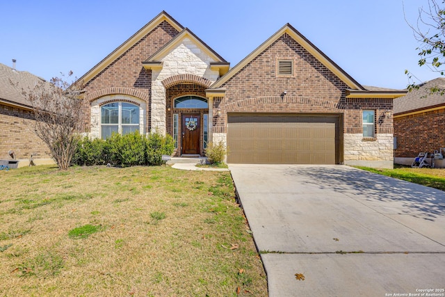 13929 Bellows Path, San Antonio, TX 78253 - french provincial home with brick siding, an attached garage, a front lawn, concrete driveway, and stone siding