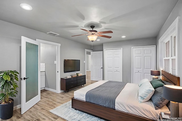 2723 Woodline, San Antonio, TX 78251 - bedroom with multiple closets, light wood-type flooring, recessed lighting, baseboards, and ceiling fan