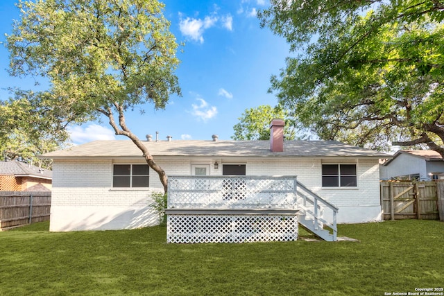 2723 Woodline, San Antonio, TX 78251 - back of house with brick siding, a wooden deck, a chimney, and stairway