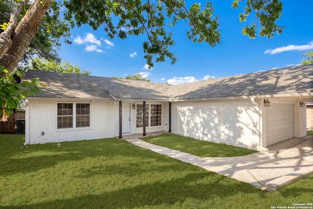 2723 Woodline, San Antonio, TX 78251 - rear view of house with a garage, brick siding, a lawn, and roof with shingles