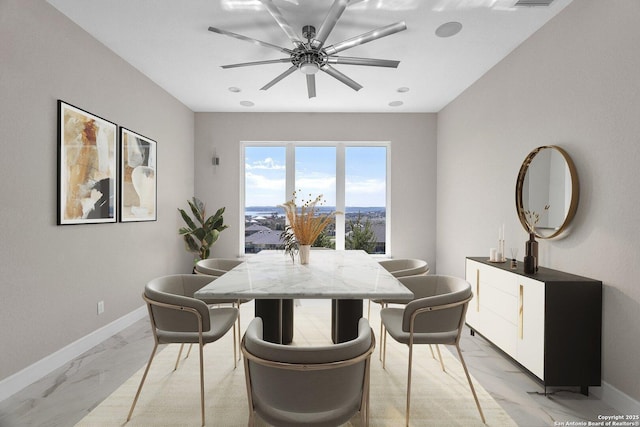 142 Wizard, Spring Branch, TX 78070 - dining space with light marble finish flooring, baseboards, and ceiling fan