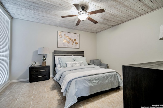 3811 E Songbird Ln, San Antonio, TX 78229 - bedroom with light tile patterned flooring, wood ceiling, ceiling fan, and baseboards