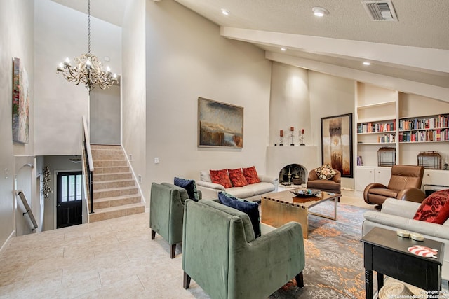 3811 E Songbird Ln, San Antonio, TX 78229 - living room with high vaulted ceiling, a chandelier, stairway, baseboards, and recessed lighting
