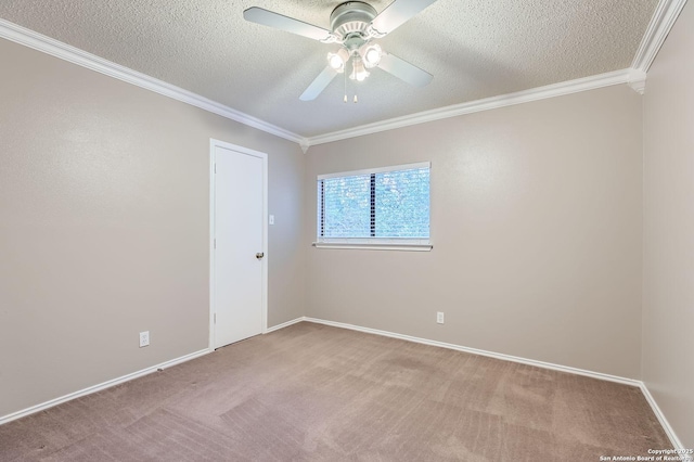 2334 Creekside Bnd, San Antonio, TX 78259 - empty room featuring a ceiling fan, ornamental molding, carpet floors, a textured ceiling, and baseboards