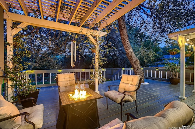 2334 Creekside Bnd, San Antonio, TX 78259 - wooden deck with an outdoor fire pit and a pergola