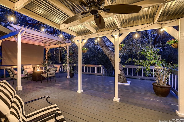 2334 Creekside Bnd, San Antonio, TX 78259 - deck at twilight featuring a fire pit, a pergola, and a ceiling fan