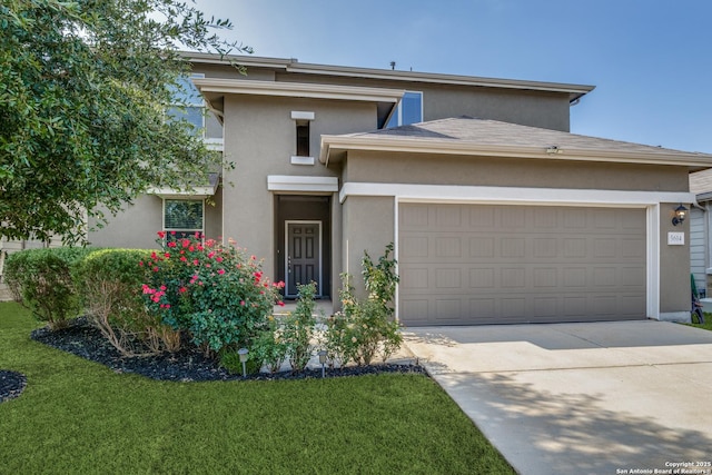 5614 Burr Blf, San Antonio, TX 78266 - prairie-style house with stucco siding, a garage, driveway, and a front lawn