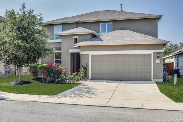 5614 Burr Blf, San Antonio, TX 78266 - view of front facade with central AC unit, concrete driveway, stucco siding, and an attached garage
