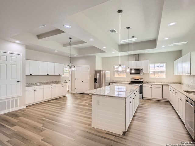 8501 Utopia Blvd, Selma, TX 78154 - kitchen featuring appliances with stainless steel finishes, a raised ceiling, light wood finished floors, recessed lighting, and a kitchen island