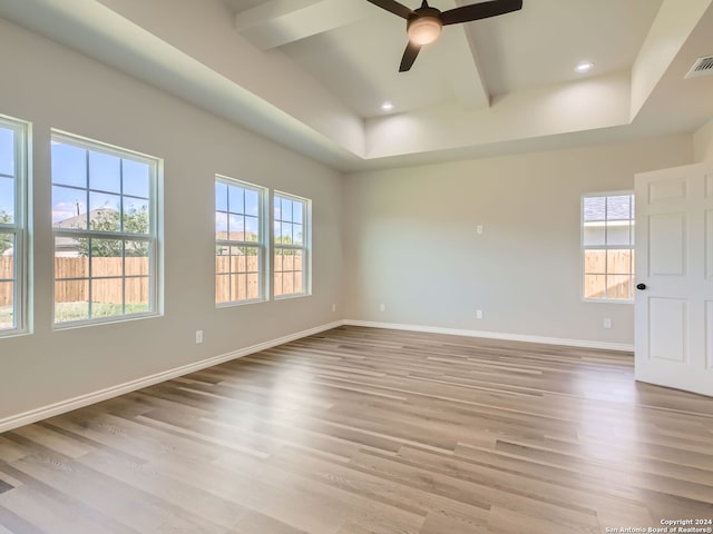8501 Utopia Blvd, Selma, TX 78154 - empty room featuring light wood-type flooring, beamed ceiling, a ceiling fan, baseboards, and recessed lighting