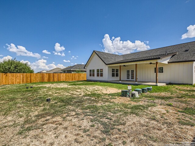 8501 Utopia Blvd, Selma, TX 78154 - back of property featuring a ceiling fan, french doors, a patio, and roof with shingles