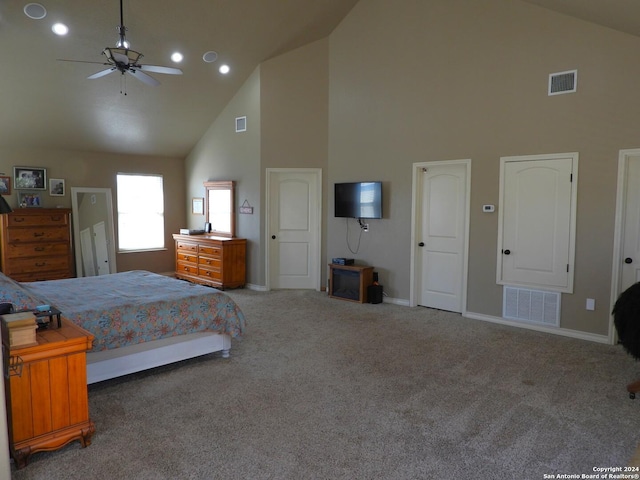 155 Scenic Cir, Lakehills, TX 78063 - carpeted bedroom with high vaulted ceiling, baseboards, recessed lighting, and ceiling fan