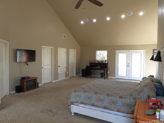 155 Scenic Cir, Lakehills, TX 78063 - carpeted bedroom with high vaulted ceiling, baseboards, french doors, and recessed lighting