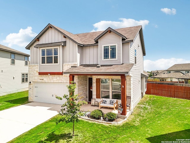 4902 Oxbow Bnd, Saint Hedwig, TX 78152 - view of front of home featuring board and batten siding, a garage, concrete driveway, and stone siding