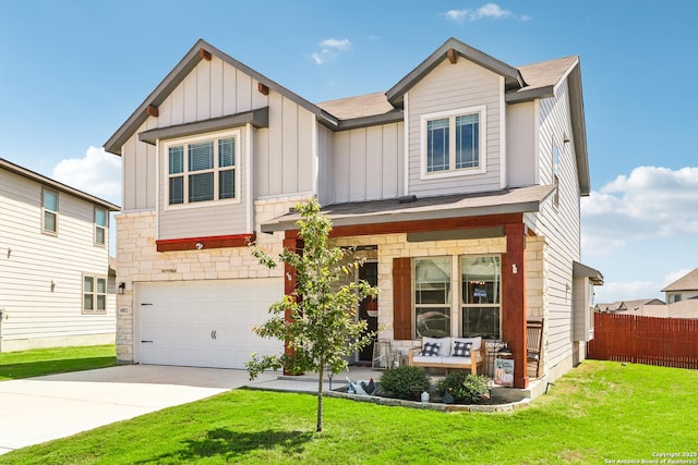 4902 Oxbow Bnd, Saint Hedwig, TX 78152 - view of front of house with a garage, board and batten siding, driveway, and stone siding