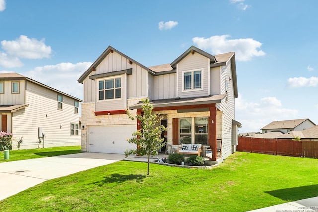 4902 Oxbow Bnd, Saint Hedwig, TX 78152 - craftsman inspired home with a garage, board and batten siding, driveway, a porch, and stone siding
