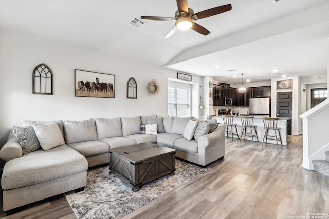 4902 Oxbow Bnd, Saint Hedwig, TX 78152 - living area with ceiling fan, light wood-style floors, stairway, and recessed lighting