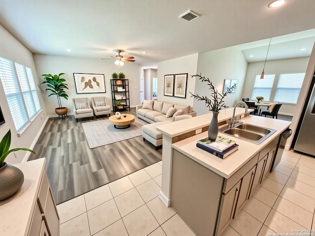 4823 Cambridge Park, Converse, TX 78109 - living room featuring recessed lighting, light tile patterned floors, a ceiling fan, and baseboards