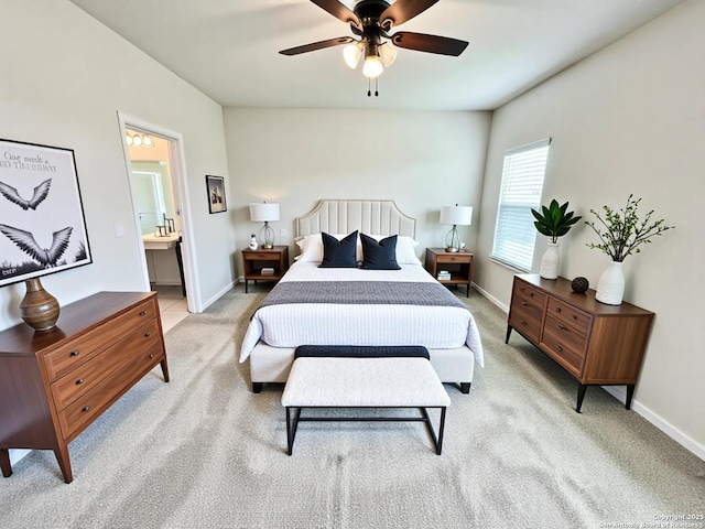 4823 Cambridge Park, Converse, TX 78109 - bedroom featuring light colored carpet, baseboards, connected bathroom, and a ceiling fan