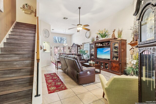 14026 Fairway Oaks, San Antonio, TX 78217 - living room featuring stairs, tile patterned floors, and a ceiling fan