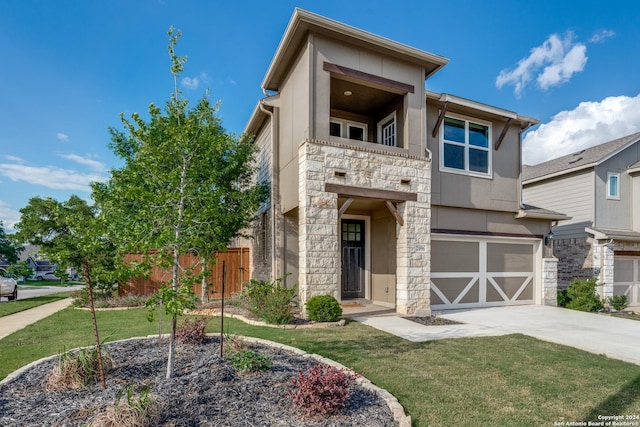 2096 Cowan, New Braunfels, TX 78132 - view of front of property with stone siding, a garage, stucco siding, concrete driveway, and a balcony