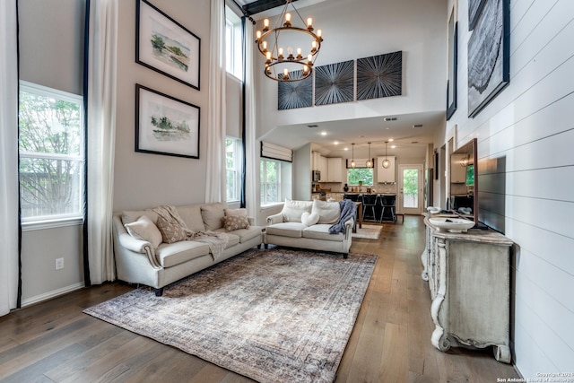 2096 Cowan, New Braunfels, TX 78132 - living room featuring a chandelier, wood finished floors, and a towering ceiling