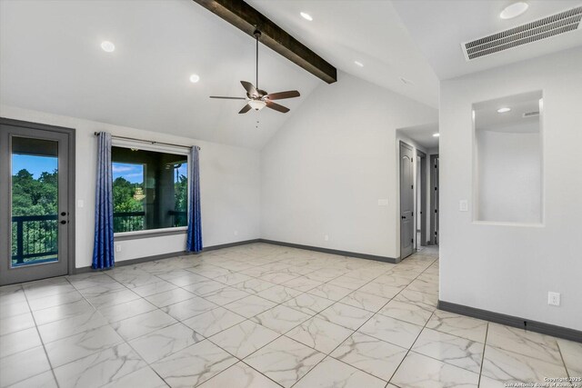 427 Bella Montagna Cir, Austin, TX 78734 - spare room with a ceiling fan, baseboards, beamed ceiling, light marble finish floors, and recessed lighting