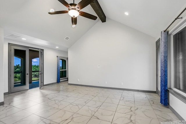 427 Bella Montagna Cir, Austin, TX 78734 - unfurnished room with baseboards, beamed ceiling, a ceiling fan, light marble finish floors, and high vaulted ceiling