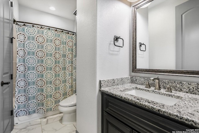 427 Bella Montagna Cir, Austin, TX 78734 - full bath featuring toilet, marble finish floors, vanity, and curtained shower