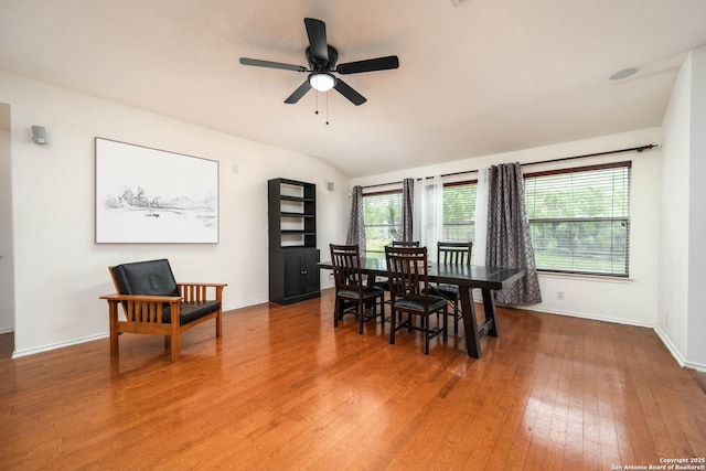 4706 Granite Shls, San Antonio, TX 78244 - dining area featuring light wood-style floors, a ceiling fan, baseboards, and lofted ceiling