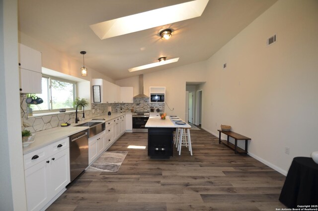 3160 Weil, Marion, TX 78124 - kitchen with stainless steel appliances, a sink, a skylight, decorative backsplash, and wall chimney range hood