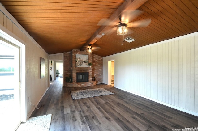 3160 Weil, Marion, TX 78124 - unfurnished living room with ceiling fan, wood finished floors, a fireplace, and wooden ceiling