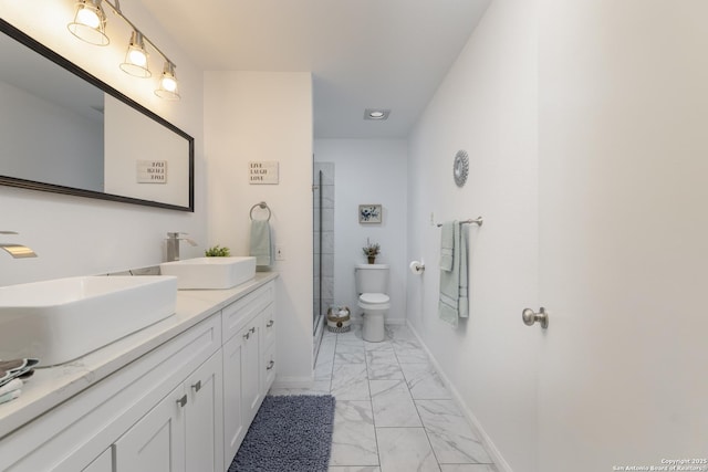 3160 Weil, Marion, TX 78124 - full bath featuring marble finish floors, double vanity, a shower with door, toilet, and baseboards