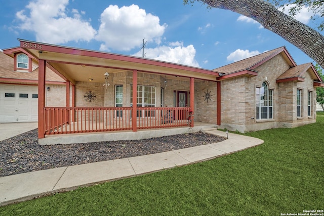 3343 Dove Park Ln, San Antonio, TX 78253 - single story home featuring covered porch, brick siding, a front yard, concrete driveway, and an attached garage